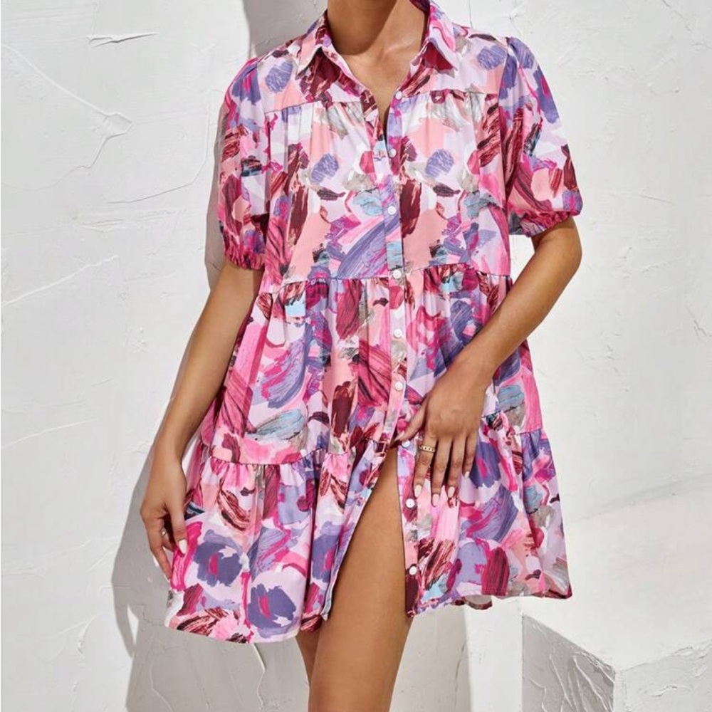 Vibrant Woman’s Button-Up Collar Spring Summer Abstract Floral Dress - Picture 3 of 12
